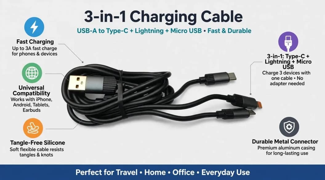 Black 1 m USB-A Multi-Connector Charging Cable with USB-C, Micro USB& Lightning Tips thumbnail 3