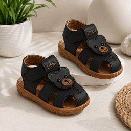 Kids Bear Appliqué Open-Toe Sandals with Hook-and-Loop Ankle Strap