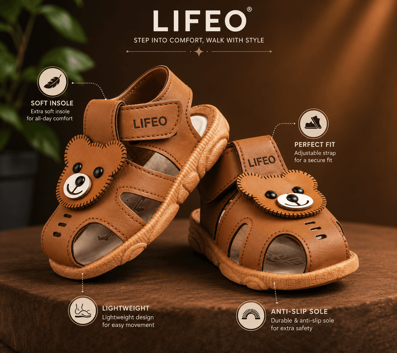 Kids Bear Appliqué Open-Toe Sandals with Adjustable Hook-and-Loop Strap thumbnail 3