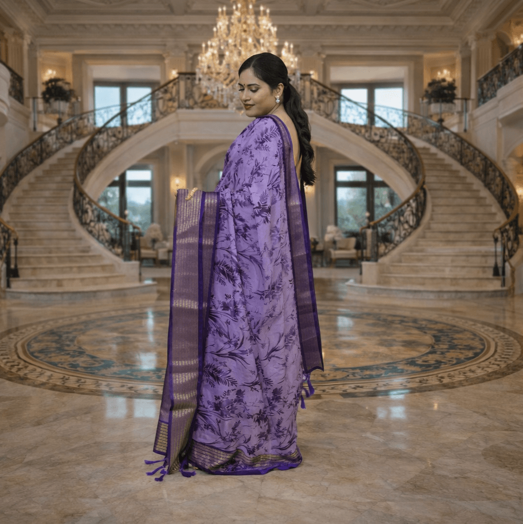 Purple Floral Printed Silk Blend Saree With Woven Border | Festive & Party Wear Indian Saree thumbnail 2