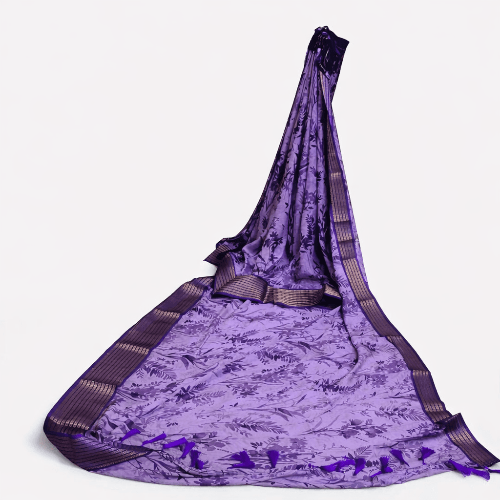 Purple Floral Printed Silk Blend Saree With Woven Border | Festive & Party Wear Indian Saree thumbnail 6