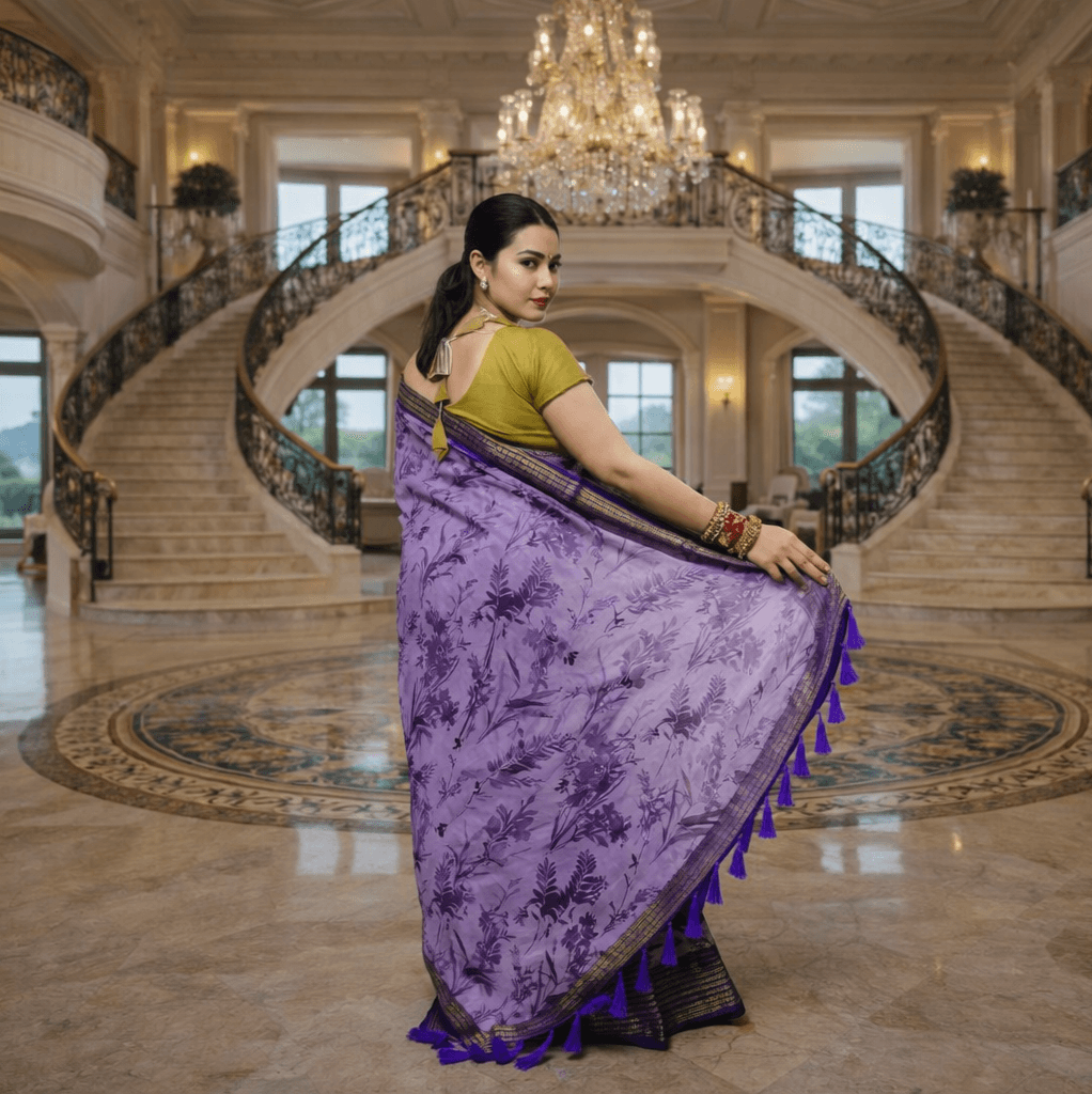 Purple Floral Printed Silk Blend Saree With Woven Border | Festive & Party Wear Indian Saree thumbnail 3