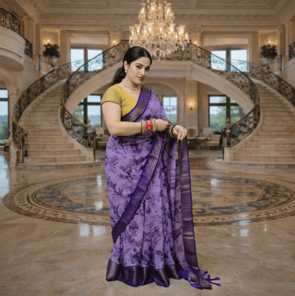 Purple Floral Printed Silk Blend Saree With Woven Border | Festive & Party Wear Indian Saree thumbnail 4