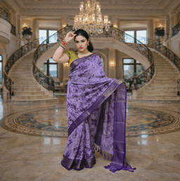 Purple Floral Printed Silk Blend Saree With Woven Border | Festive & Party Wear Indian Saree