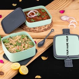 Green Double-Layer Portable Lunch Box Stackable With Carrying Handle And Spoon Lunch Box 