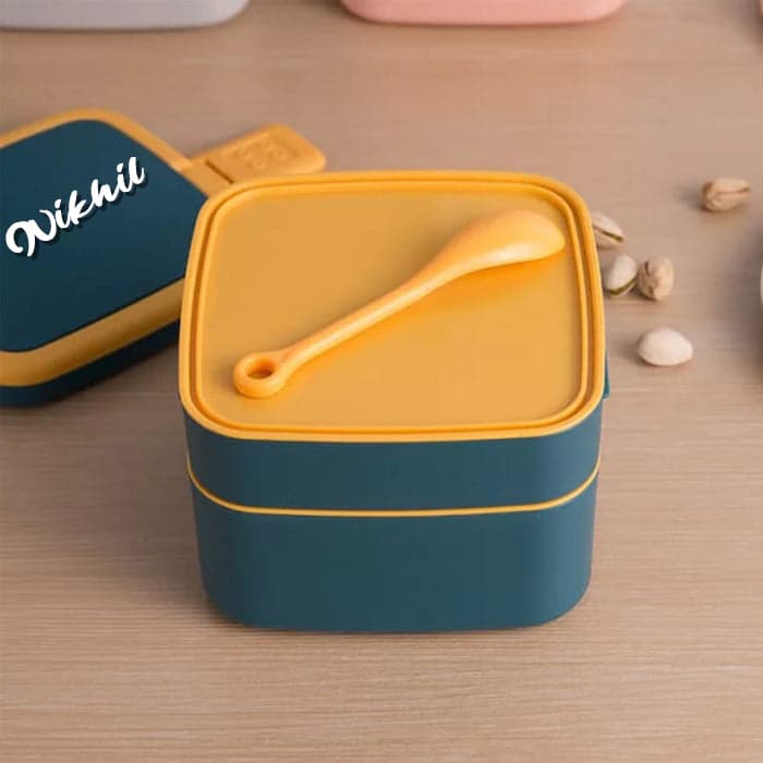 Blue Double-Layer Portable Bento Lunch Box of Stackable with Handle & Spoon thumbnail 4