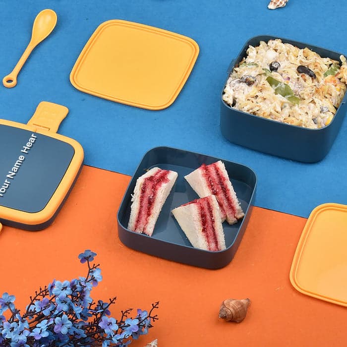 Blue Double-Layer Portable Bento Lunch Box of Stackable with Handle & Spoon thumbnail 8