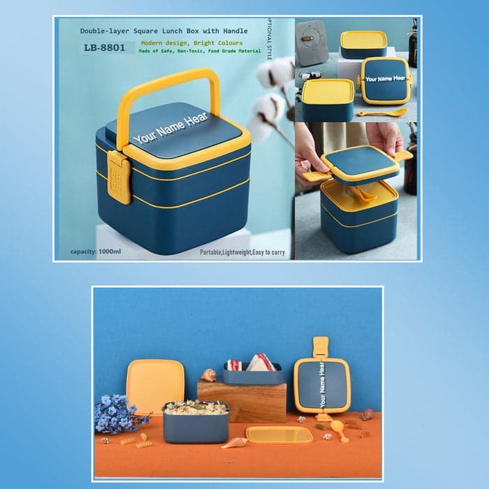 Blue Double-Layer Portable Bento Lunch Box of Stackable with Handle & Spoon thumbnail 10