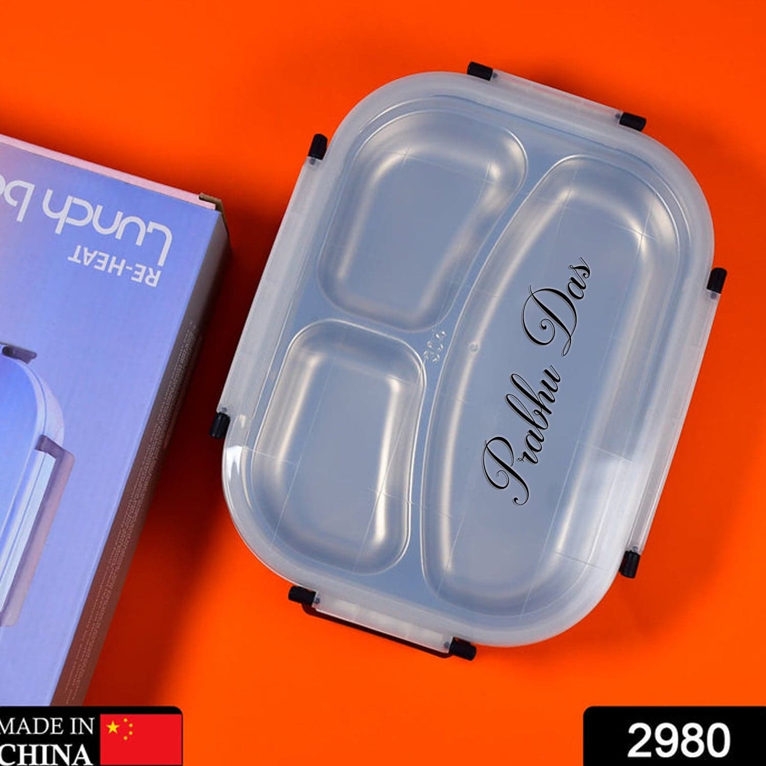 White Transparent Lunch Box For Kids And Adults, Stainless Steel Lunch Box With 3 Compartments. thumbnail 5