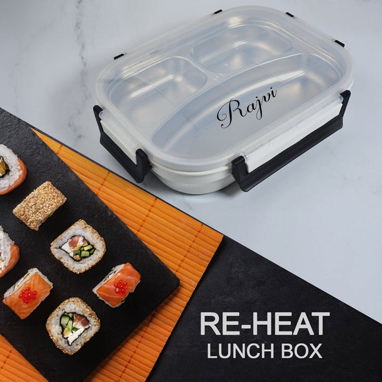 White Transparent Lunch Box For Kids And Adults, Stainless Steel Lunch Box With 3 Compartments. thumbnail 7