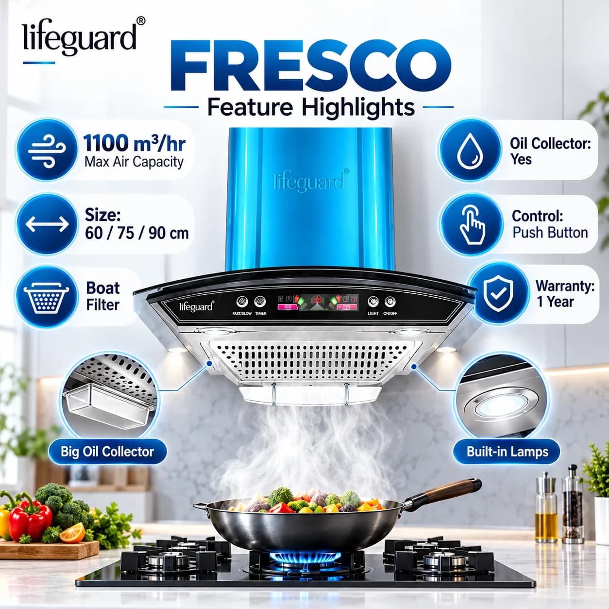 Lifeguard FRESCO Kitchen Chimney | 1100 m³/hr Airflow | Push Button Control