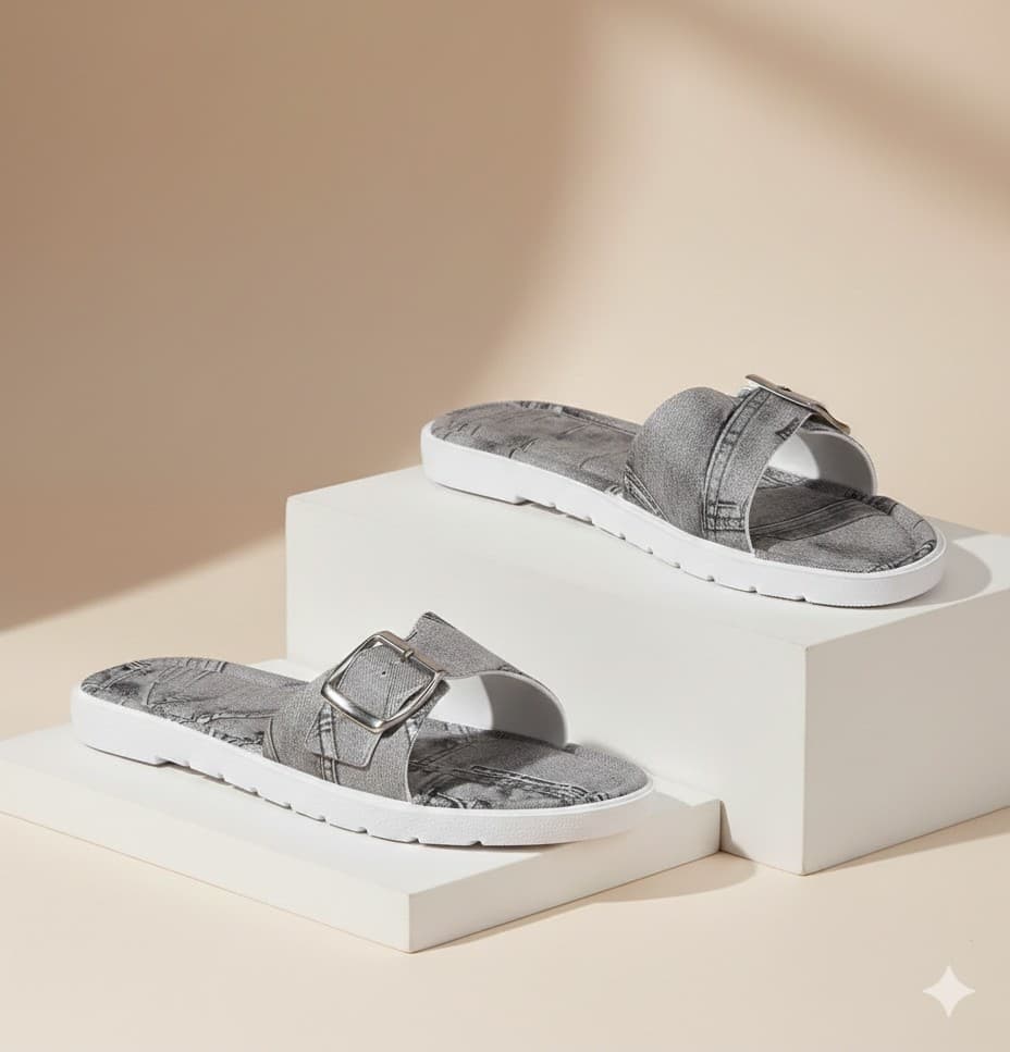 Men’s Buckle Strap Open-Toe Slide Slippers with Textured Footbed