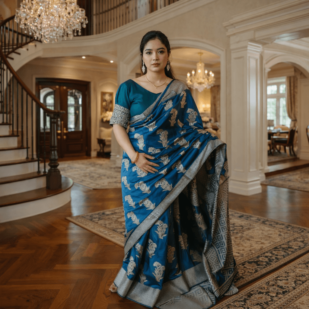 Elegant Blue & Silver Woven Georgette Saree With Geometric Border