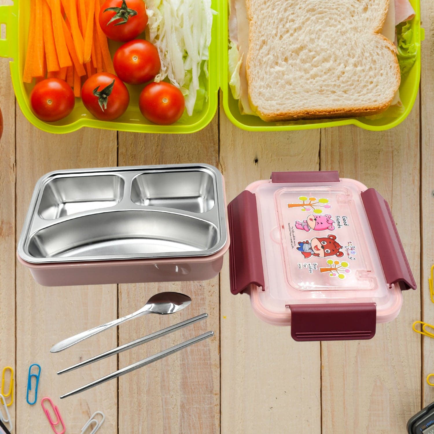 Food Safe Materials Kids Lunch Box With Steel Spoon & Chopsticks Compartment Is Designed Made Of 304 Stainless Steel Easy To Clean For School For Camping For Work For Home