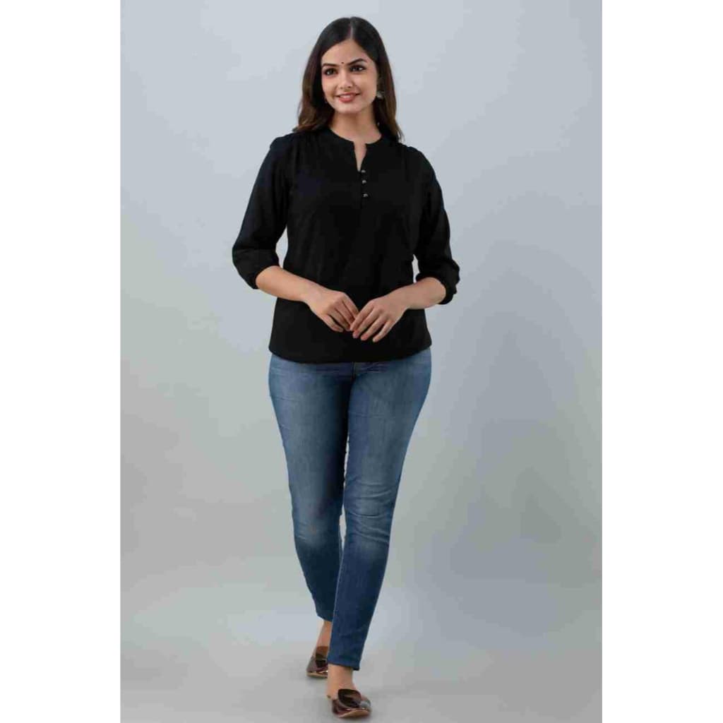 Women’S Solid Mandarin Collar Top | 3/4 Sleeve Casual Wear Top