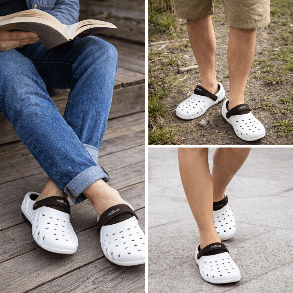 Unisex EVA Clogs With Adjustable Heel Strap – Lightweight Breathable Slip-On Casual Footwear (White & Brown)