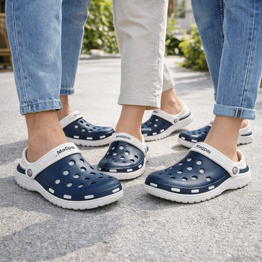 Unisex EVA Clogs With Adjustable Heel Strap – Lightweight Breathable Slip-On Comfort Footwear (Navy Blue & White)