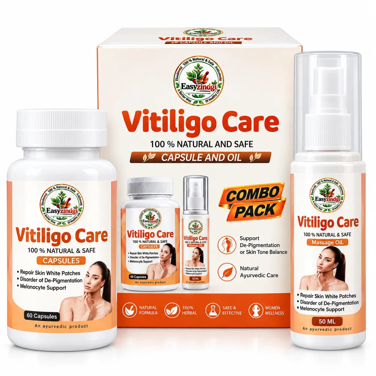 Vitiligo Care Capsules and Massage Oil Combo Pack with Pump Dispenser
