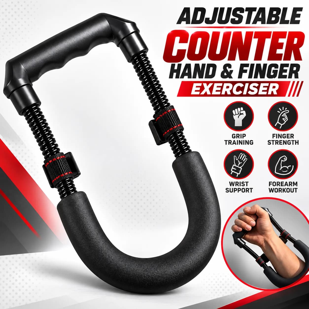 Black Adjustable Hand and Finger Exerciser with Mechanical Repetition Counter