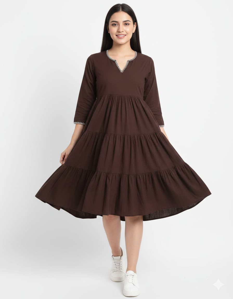 Women'S Tiered Cotton Dress | V-Neck Ethnic Fusion Knee-Length One Piece | Women'S Boho-Style Tiered Cotton Kurti Dress