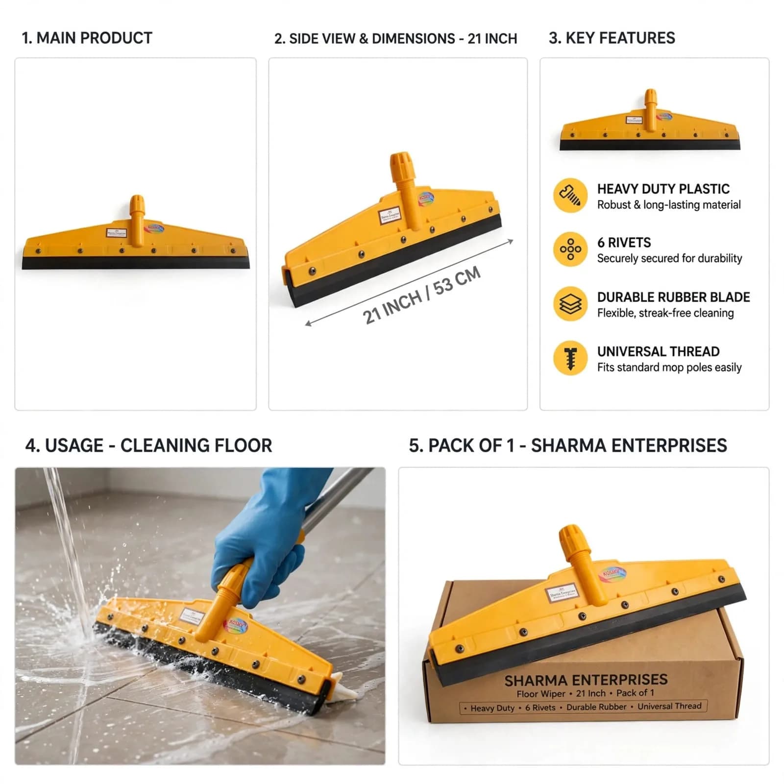 Yellow Moulded Plastic Floor Wiper Head with Wide Black Wiping Blade