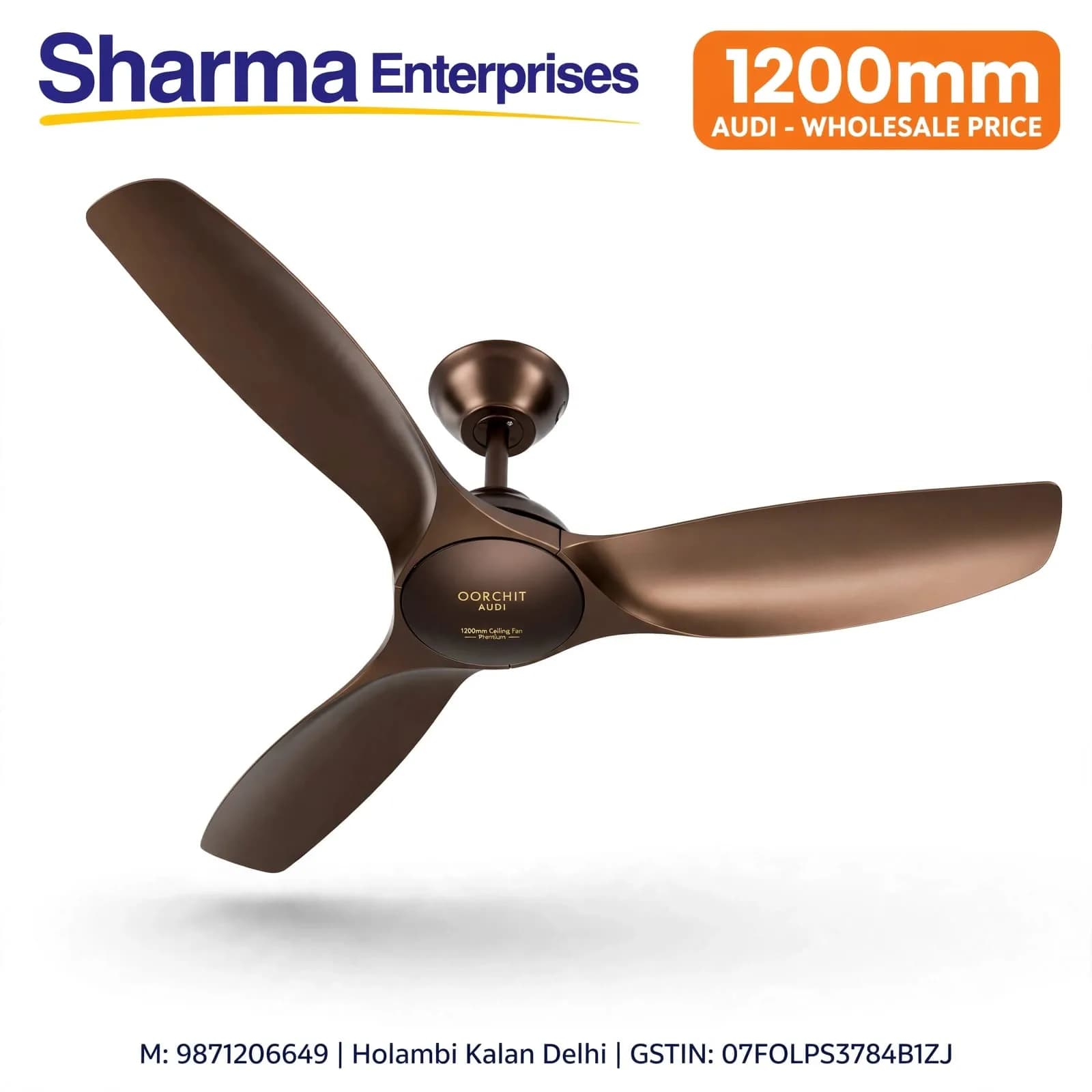 Brown 1200 mm Three-Blade Ceiling Fan with Sculpted Curved Blade Design