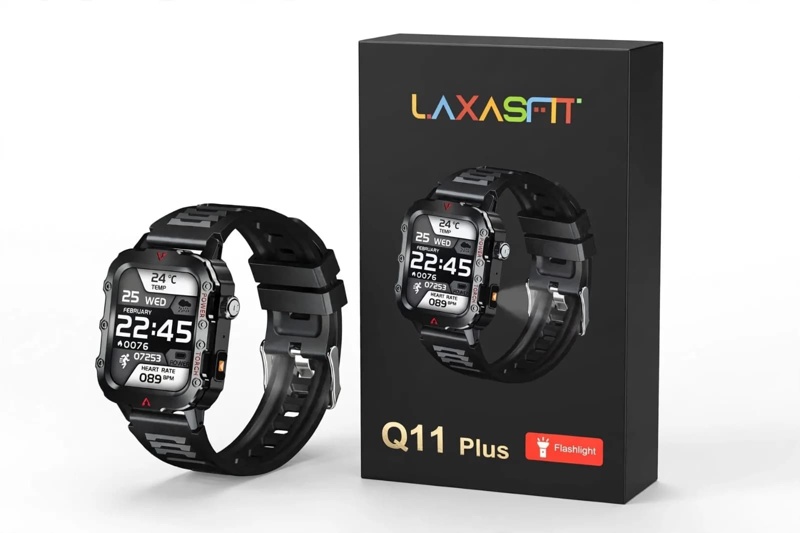 Black Rugged Square-Dial Smartwatch with 1.4 Inch Display and Textured Strap