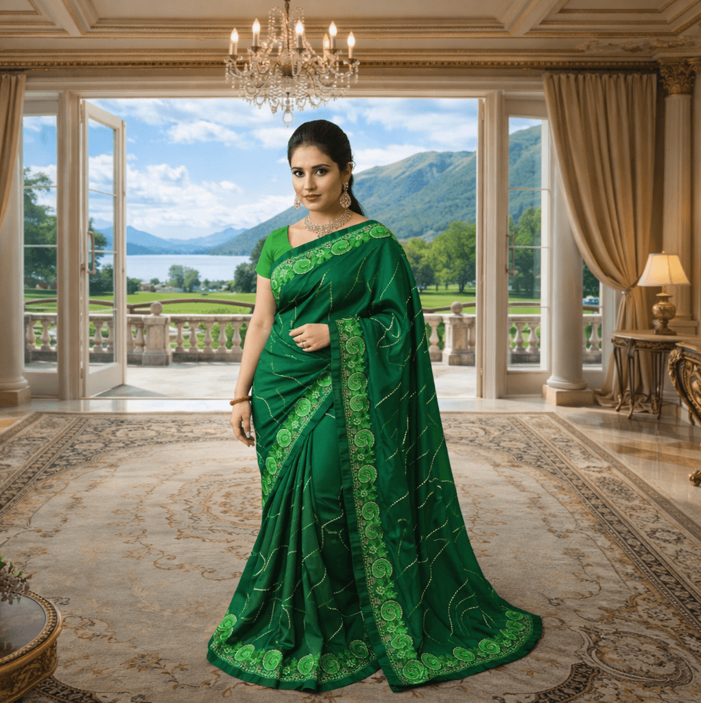 Elegant Emerald Green Designer Saree With Embroidered Border For Women | Party & Wedding Wear