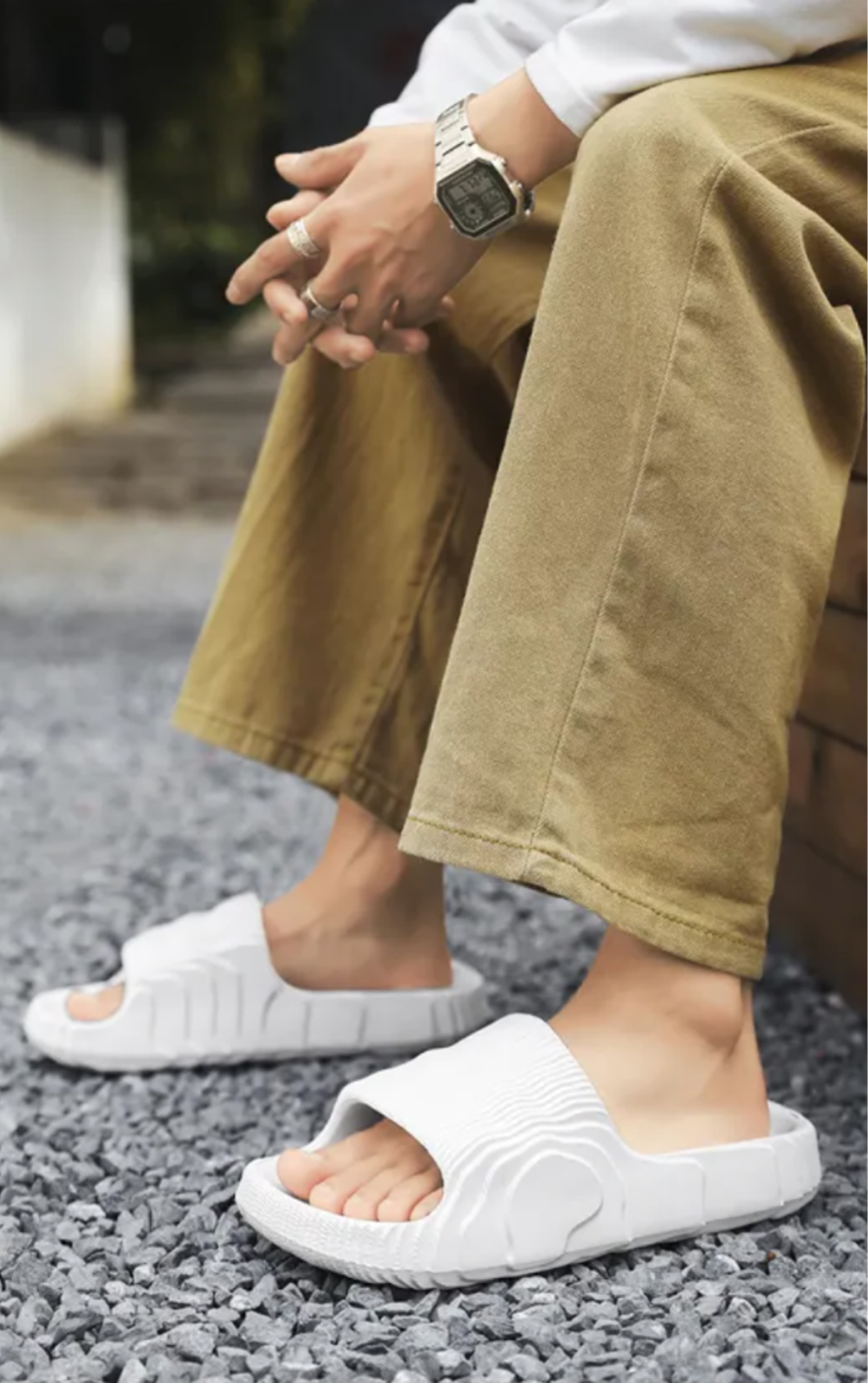 Men's Moulded Open-Toe Slide Slippers with Textured Wide Strap