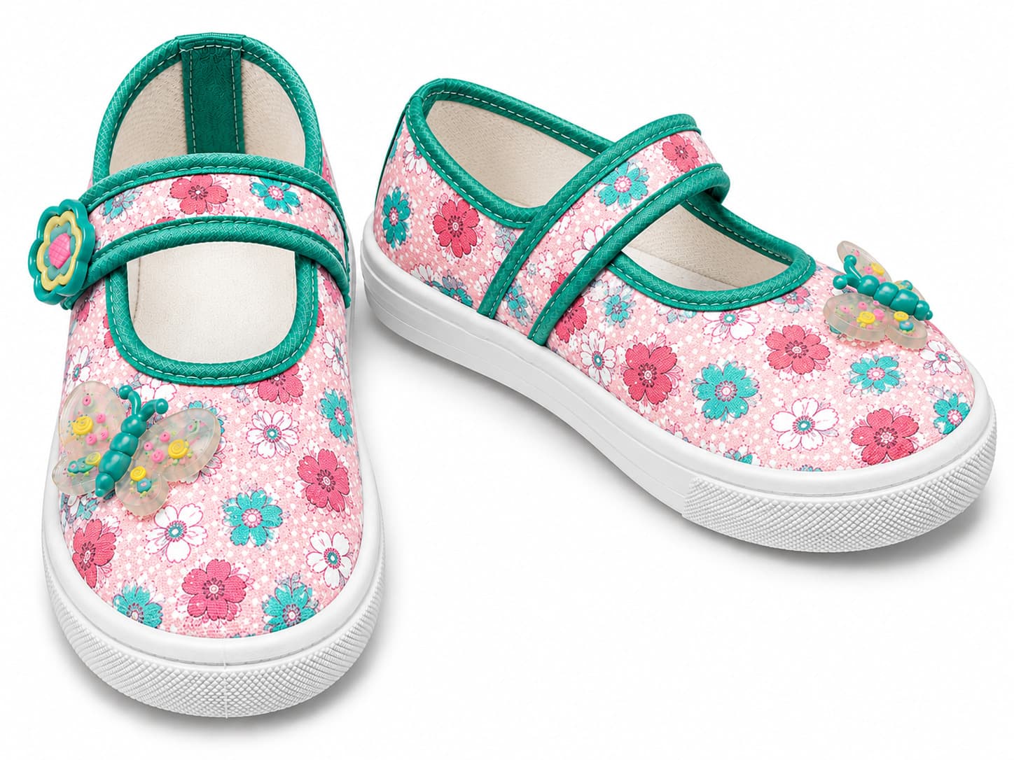 Toddler Girls Floral Mary Jane Shoes with Butterfly Appliqué and Cross-Over Straps