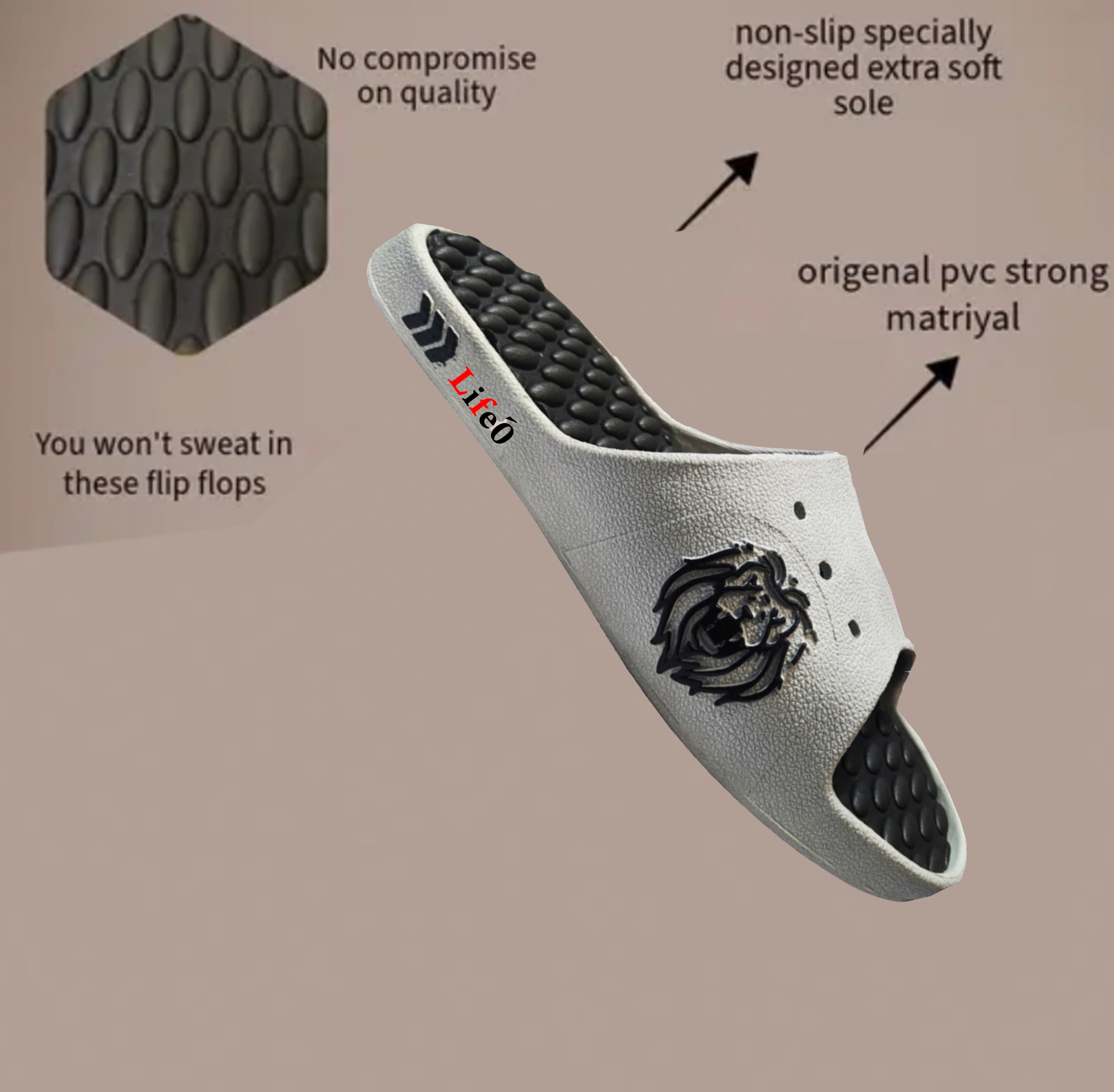 Men’s PVC Slide Slippers with Textured Footbed and Lion Motif